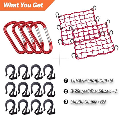 Cargo Net 15"x15" Stretches to 30"x30" with Thicken Hooks | Natural Latex Core, Tight 2”x2” Mesh Small Heavy Duty Bungee Net for Motorcycle Helmet, Bike, ATV, UTV, Luggage (Red, 2 Pack)