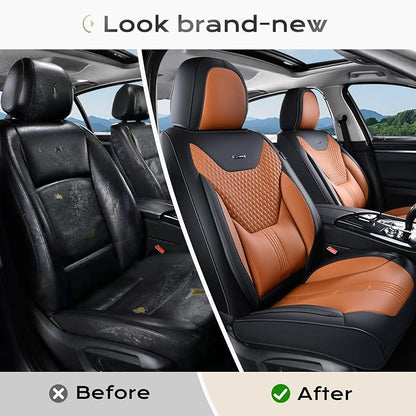 Coverado Car Seat Covers Full Set, Front Seat Covers with Lumbar Support and Back Seat Cover Waterproof Leather Automotive Seat Cover, Universal Car Interior Protectors Cushion for Most Cars