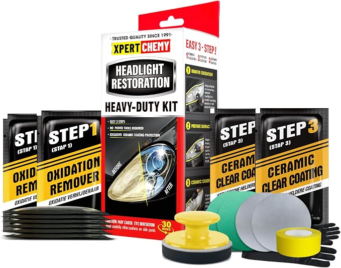 XPERTCHEMY Headlight Restoration Kit-Headlight Cleaner Removing The Heavy-Duty Yellowing, Clouding and Stains, Even Buffs Out Unsightly Hairline Scratches,No Power Tools Needed