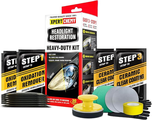 XPERTCHEMY Headlight Restoration Kit-Headlight Cleaner Removing The Heavy-Duty Yellowing, Clouding and Stains, Even Buffs Out Unsightly Hairline Scratches,No Power Tools Needed