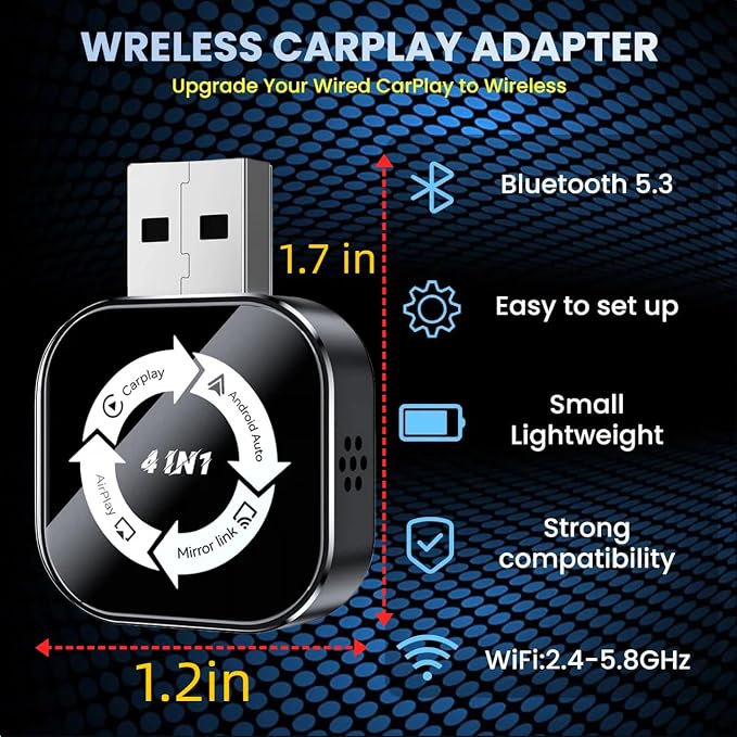 4 in 1 Wireless CarPlay Adapter 2026 Upgraded,4 in 1 Screen Mirroring Support AirPlay/Mirror Link for iPhone & Android, Mini Design, Bluetooth 5.0, USB & USB-C, Plug & Play, Wired to Wireless Convert