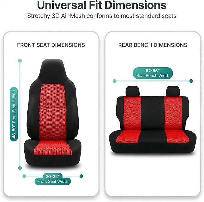 FH Group Automotive Full Car Seat Covers for SUV, Trucks, Sedan and More - Universal Fit Front High Back & Rear Solid Bench Design Interior Accessories - 3D Air Mesh Fabric Center Panel - Red
