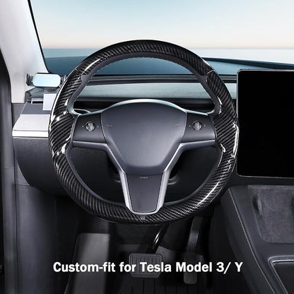 Steering Wheel Cover for 2017-2023 Tesla Model 3 2020-2024 Tesla Model Y, Carbon Fiber Steering Wheel Cover for Tesla Model 3/Y Accessories, Glossy Black