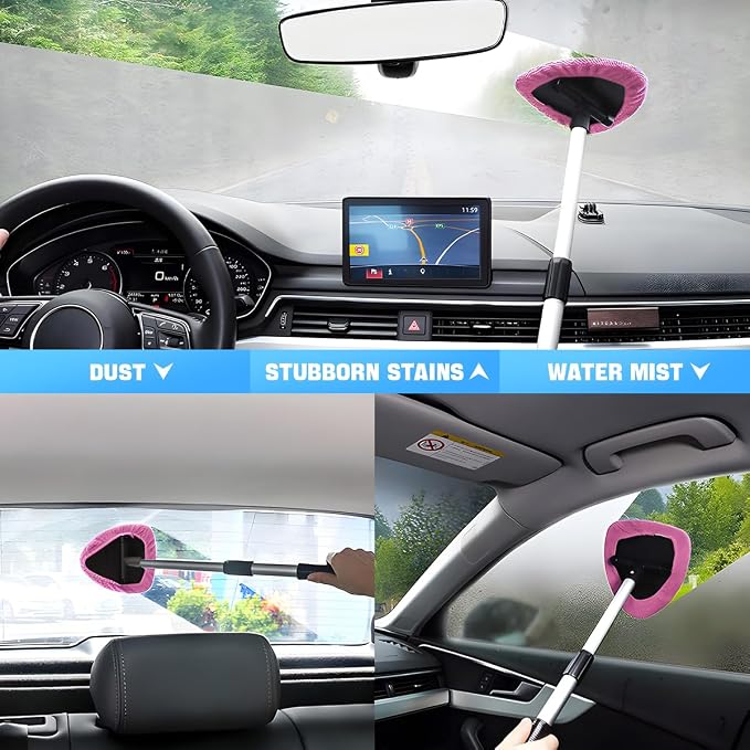 Windshield Cleaning Tool, Car Window Cleaner with Extendable Long Handle and 4 Washable Reusable Microfiber Pads, Auto Interior Exterior Glass Wiper Cleaning Kit Universal for Office and Home (Pink)