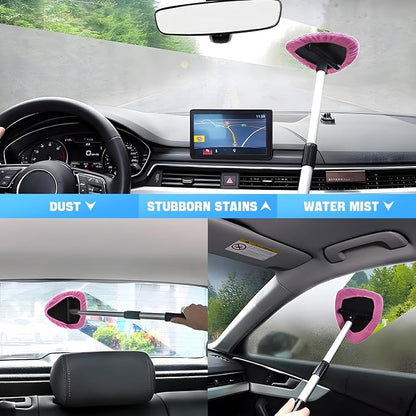 Windshield Cleaning Tool, Car Window Cleaner with Extendable Long Handle and 4 Washable Reusable Microfiber Pads, Auto Interior Exterior Glass Wiper Cleaning Kit Universal for Office and Home (Pink)
