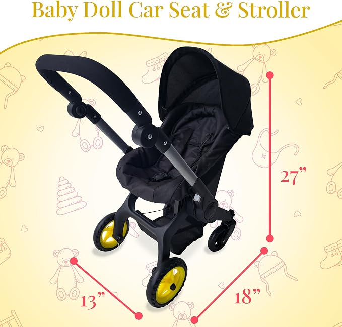 Baby Doll Car Seat Stroller Combo – Convertible 2 in 1 Doll Stroller and Car Seat for Kids – Fits Up to 20” Dolls – Play Toy Baby Stroller with Adjustable Handle for Girls Toddlers All Ages (Black)