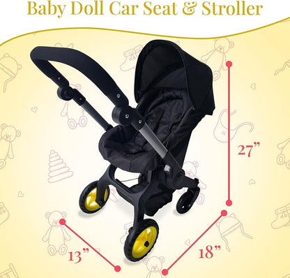 Baby Doll Car Seat Stroller Combo – Convertible 2 in 1 Doll Stroller and Car Seat for Kids – Fits Up to 20” Dolls – Play Toy Baby Stroller with Adjustable Handle for Girls Toddlers All Ages (Black)