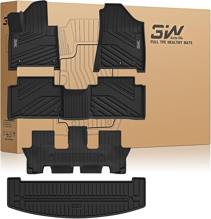 3W Floor Mats & Cargo Liner Fit for 2024 2025 2026 Hyundai Santa Fe (Not for Hybrid) 7 Seats, Full Set Floor Liner TPE All Weather Heavy Duty Car Accessories, Anti-Slip