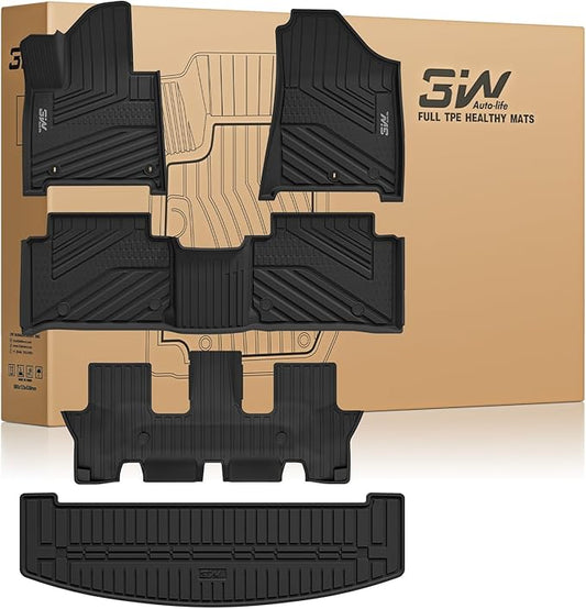 3W Floor Mats & Cargo Liner Fit for 2024 2025 2026 Hyundai Santa Fe (Not for Hybrid) 7 Seats, Full Set Floor Liner TPE All Weather Heavy Duty Car Accessories, Anti-Slip