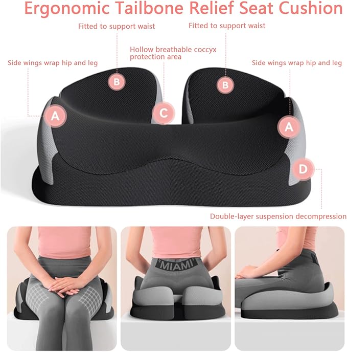 Seat Cushions for Office Chairs Wheelchair Cushion for Long Sitting Back Pain，Memory Foam Seat Car Computer Desk Chair Cushion，Coccyx Cushion for Tailbone Pain Relief Cushion Office Chair Black Blue