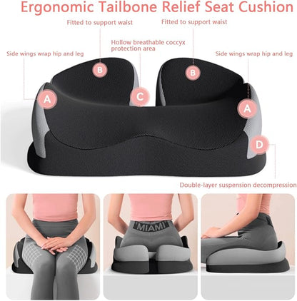 Seat Cushions for Office Chairs Wheelchair Cushion for Long Sitting Back Pain，Memory Foam Seat Car Computer Desk Chair Cushion，Coccyx Cushion for Tailbone Pain Relief Cushion Office Chair Black Blue