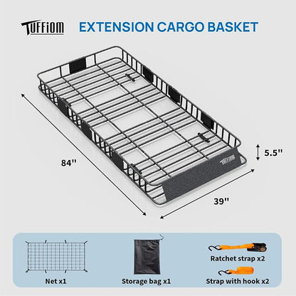 TUFFIOM 84"x 39"x 6" Universal Rooftop Cargo Carrier Basket, Extendable Steel Roof Rack Basket w/Net+Storage Bag+Straps, Heavy Duty Car Top Rack Luggage Holder Carrier for SUV Car Truck Van
