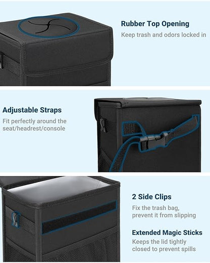 Capolo Car Trash Can with Lid, Leakproof Car Trash Bag Hanging Waterproof Automotive Garbage Can with Storage Pockets Mini Vehicle Trash Bin for Back/Front Seat(Black,3 Gallon)