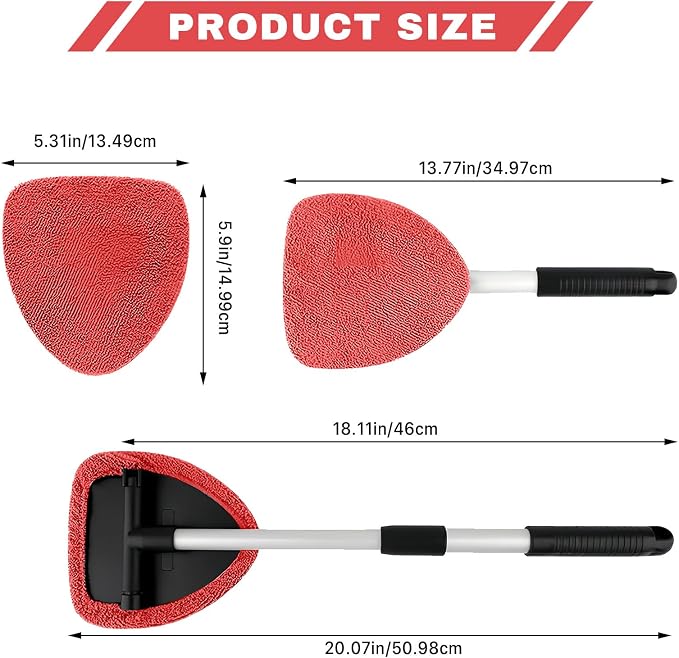 Windshield Cleaning Tool, Car Window Cleaner with Extendable Handle, 4 Microfiber Pads and Spray Bottle, Auto Interior Exterior Glass Wiper Cleaning Kit Universal for RV, SUV, Truck (Red)