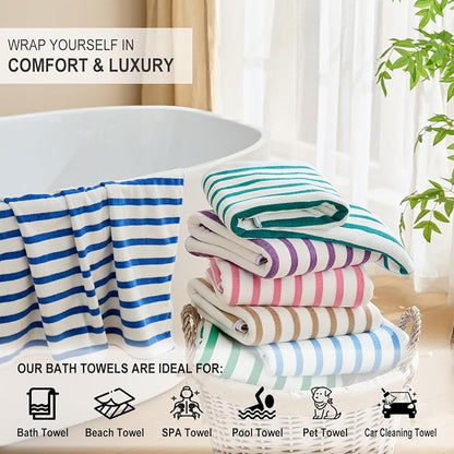 JML Microfiber Beach Towels, 6 Pack, 27" x 55", Large Bath Towel Set for Adult- Cabana Stripe - Absorbent, Quick Drying Lint-Free, No Fading for Summer Party, Pool, Sport, Yoga, Swimming, Green