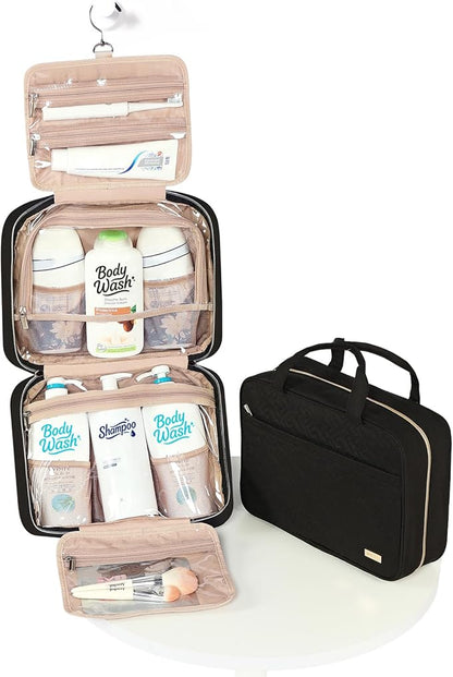 NISHEL Travel Toiletry Bag for women, Portable Hanging Organizer for Family-Sized Shampoo, Conditioner, Brushes Set, Makeup Accessories, Extra Large Size, Black