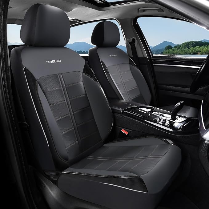 Coverado Front Seat Leather Covers, Full Leather Construction with Carbon Fibre Weave, Universal Fit for Most Cars SUV Trucks (Black)