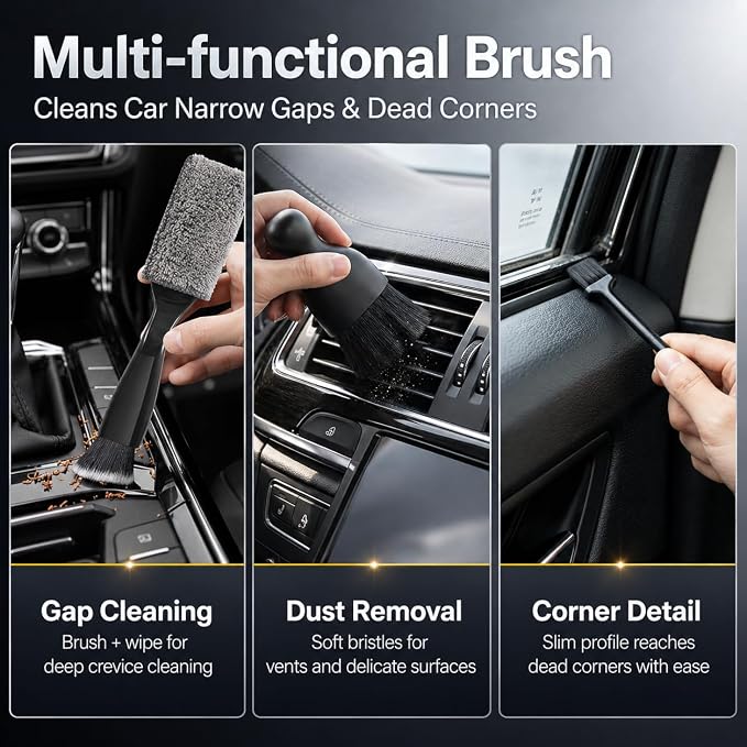 18PCS Upgraded Car Detailing Kit, 2-in-1 AC Vent Brush, 3 Ultra Fine Crevice Brushes, Boar Hair & Glass Brush, Cleaning Gel, Scratch-Free Auto Interior Tools