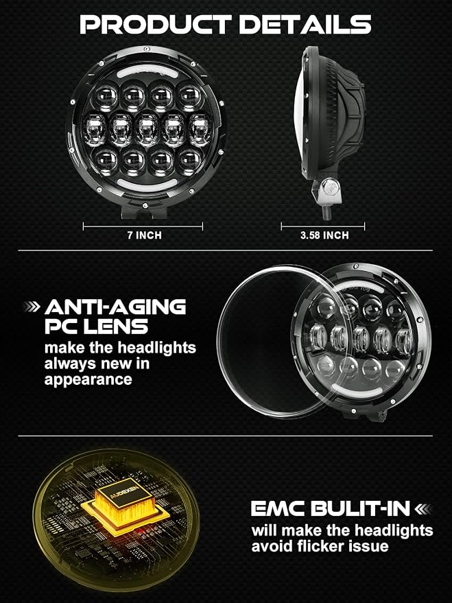 AUDEXEN LED Work Lights, 7 Inch 105W Round Spot LED Pods Light Bar High/Low Beam DRL with Adjustable Mounting Bracket Compatible with Jeep Off Road 4WD Truck SUV UTV ATV Driving Lamp, 2 PCS
