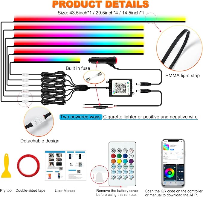 Jushope Car LED Strip Lights, Interior Acrylic LED Lights for Car with Dynamic Rainbow Dream Color Chasing, Ambient Lighting Kits Music Sync (6 in 1(4 * 29.5+43.3+14.5 inches))
