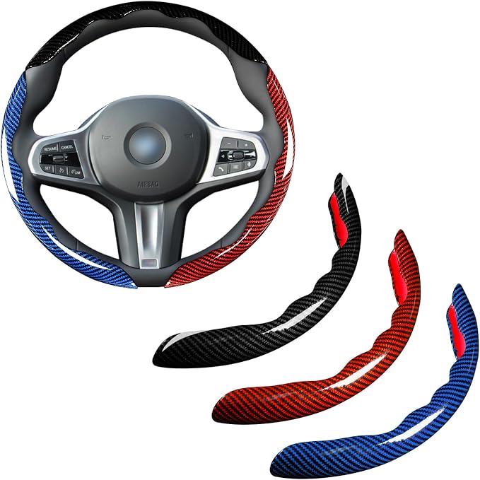 Carbon Fiber Steering Wheel Cover 3pcs Set Car Steering Wheel Accessories 14.5-15 inch Universal (Black Red Blue)