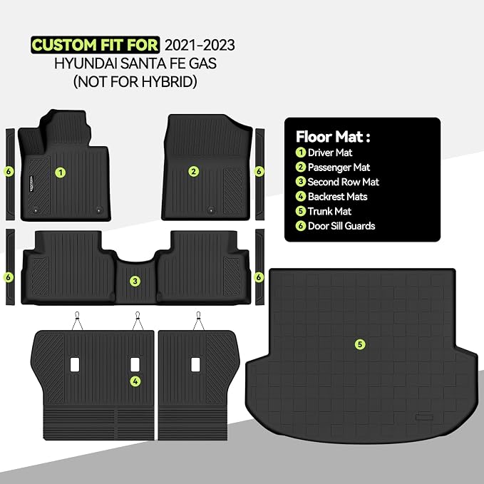 Tongama-Floor Mats for 2021 2022 2023 Hyundai Santa Fe Gas(Not for Hybrid), All Weather TPE Floor Liners and Trunk Mat and Backrest Mats Protectors for Hyundai Santa Fe Gas Interior Accessories