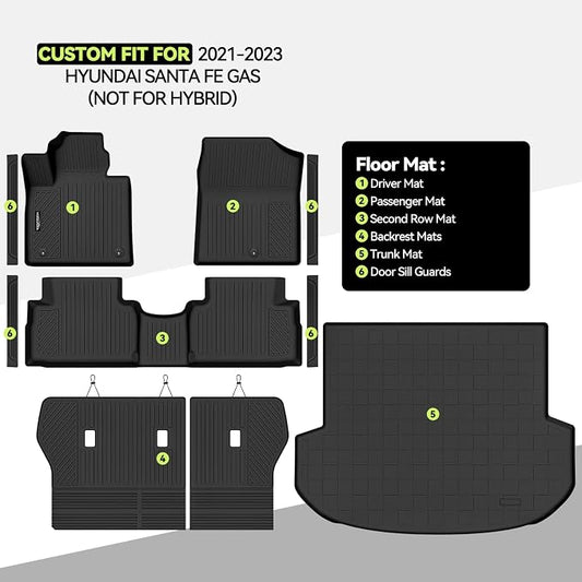 Tongama-Floor Mats for 2021 2022 2023 Hyundai Santa Fe Gas(Not for Hybrid), All Weather TPE Floor Liners and Trunk Mat and Backrest Mats Protectors for Hyundai Santa Fe Gas Interior Accessories