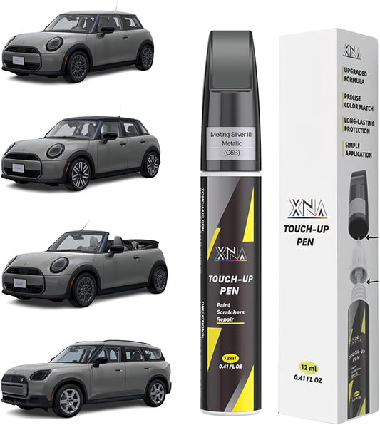 XNA Melting Silver III Metallic(C6B) for MINI Touch Up Paint, 2 in 1 Car Scratch Remover with Pen Tip and Brush, Exact Color-Matched for Car Paint Scratch Repair, Quick & Easy Fix Chips and Nicks