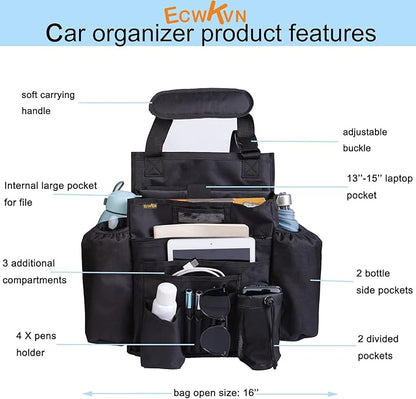 ECWKVN Car Front & Back Seat Organizer with Dedicated Tablet/Laptop Compartment, Passenger Seat File Storage with Cup Holder, Adjustable Backrest, and Padded Shoulder Strap