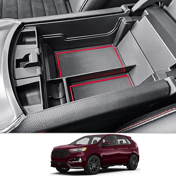 CDEFG for 2020-2023 2024 Edge Center Console Organizer Tray Compatible with 2020-2023 2024 Ford Edge Middle Console Organizer Armrest Tray Storage Box 2023 2024 Edge Accessories (Red Trim)