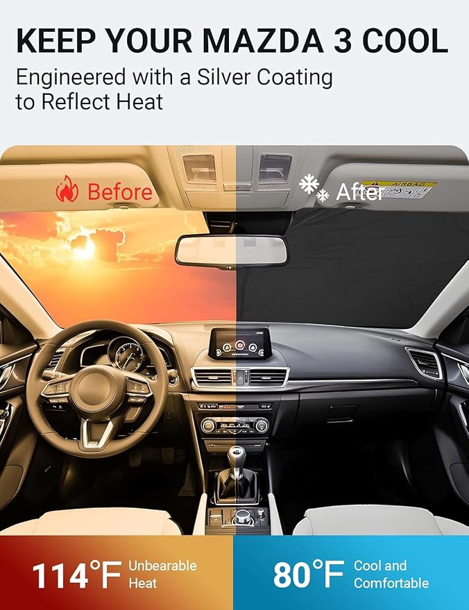 Proadsy 2026 Upgrade Front Windshield Sun Shade Foldable Sunshade Protector Custom Fit 2014-2018 Mazda 3 Accessories