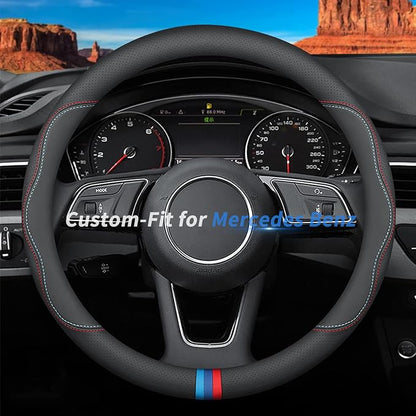 Deer Route Custom-Fit Leather Steering Wheel Cover for Mercedes Benz, C-Style, Non-Slip, Breathable
