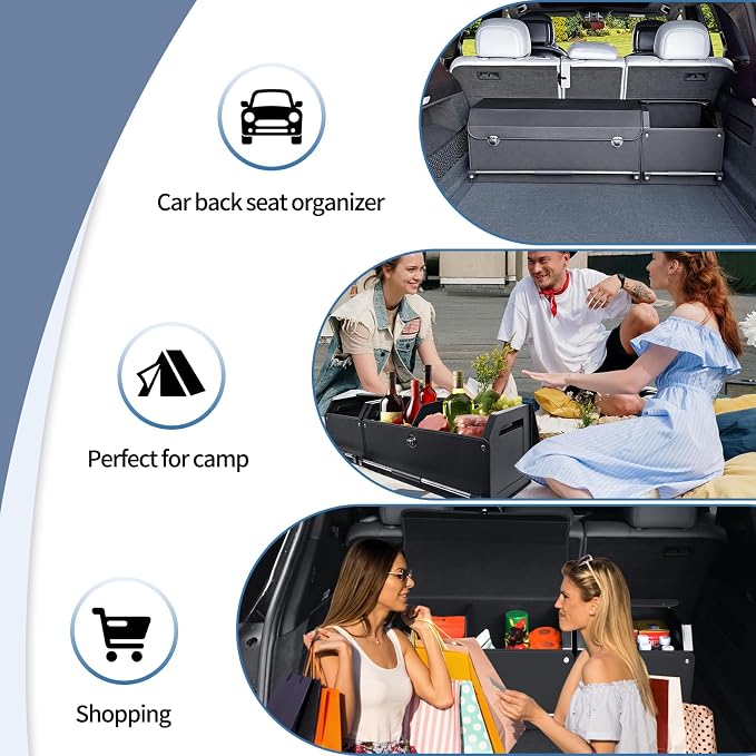 Car Trunk Organizer, Leather Trunk Organizer for SUV with Lid and Sturdy Handle Collapsible Adjustable Storage (Black, 41 x 11.4 x 12.2in)