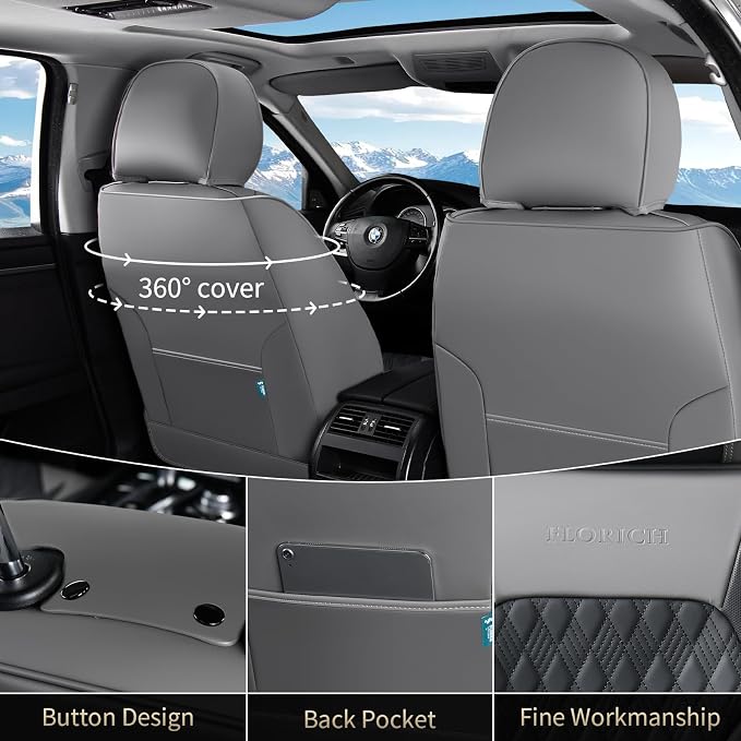 FLORICH Seat Covers, Car Seat Covers Front Seats, Luxury Nappa Leather Seat Covers, Breathable and Waterproof Car Seat Protector 2 Seat, Automotive Seat Covers Universal for Most Cars-Gray&Black