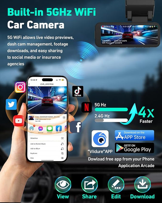 4K Dash Cam Front, Built-in 5GHz WiFi & APP Control, Dash Camera for Cars W/ 32GB Included, 3.2" IPS Screen Car Dash Cam W/ 24H Parking Monitor, G-Sensor Night Vision, Loop Recording