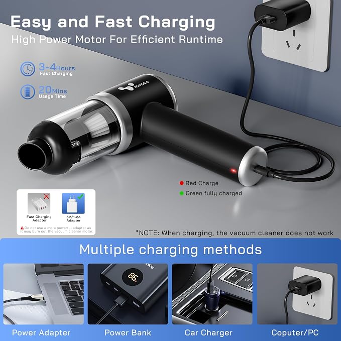 helloleiboo Handheld Car Vacuum Cleaner 16000PA Car Vacuum Portable Cordless 120W High Power 4-in-1 Mini Vacuum Cleaner Rechargeable & Air Duster Multi-Nozzles for Home Office Pet（Black）