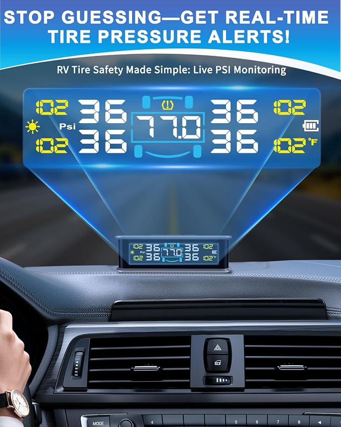 RV Tire Pressure Monitoring System (TPMS) - TPMS Sensors Set of 4 with 6 Alarm Modes | Solar/USB Charger | LCD Display | for RV/Truck/SUV/MPV/Sedan