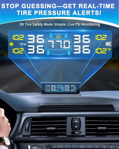 RV Tire Pressure Monitoring System (TPMS) - TPMS Sensors Set of 4 with 6 Alarm Modes | Solar/USB Charger | LCD Display | for RV/Truck/SUV/MPV/Sedan