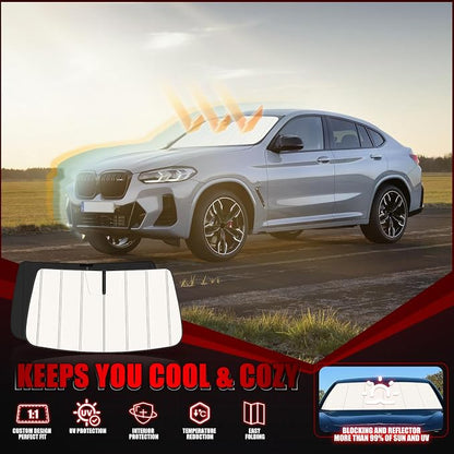 Windshield Sun Shade for BMW X4 2019-2025 2026, Front Window Visor Accessories, Folding Design Blocks Heat & UV Rays Maintain Cool Interior and Save Space