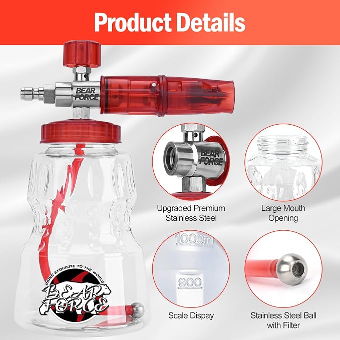 BEAR FORCE Foam Cannon Wide Mouth for Pressure Washer, Stainless Steel Heavy Duty Thick Snow Foam Lance, 360° Adjustable Soap Sprayer 1/4" Quick Connector, 1.10mm 1.25mm Orifice, 32oz Bottle, Car Wash