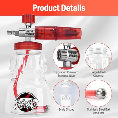 BEAR FORCE Foam Cannon Wide Mouth for Pressure Washer, Stainless Steel Heavy Duty Thick Snow Foam Lance, 360° Adjustable Soap Sprayer 1/4" Quick Connector, 1.10mm 1.25mm Orifice, 32oz Bottle, Car Wash