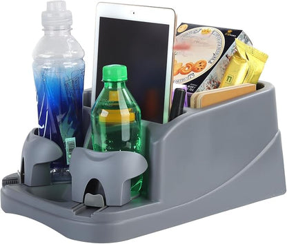 Large Size Plastic Console for Cars, Trucks, Minivans, SUVs with 2 Adjustable Drink Cup Holders pad Book Holder, Back Bench and Front Seat or Floor Middle Console Universal Vehicle Organizer Grey