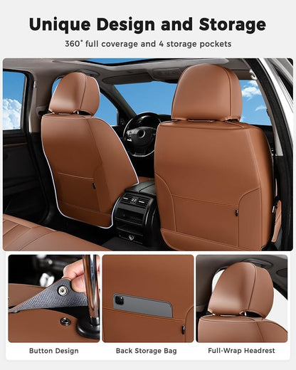 Huidasource Seat Covers Full Set, Universal Fit for Most Cars SUVs Trucks, Full Coverage Leather Automotive Seat Cover, Airbag, Cupholder Compatible, Seat Function Retain, Velcro Adjustable, Brown