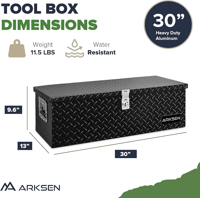 ARKSEN 30 x 13 x 10 Inch Diamond Plate Truck Bed Tool Box, Heavy Duty Waterproof Aluminum Toolboxes Storage Chest with Side Handle & Lock for Pickup Truck Bed, RV & Trailer – Black