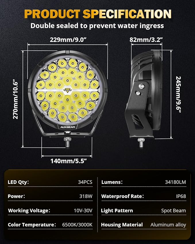 Auxbeam RAY-L Series 9 Inch Round Offroad Light with Amber White DRL 318W 34180LM LED Driving Lights Spot Beam Spotlights Off Road Lighting Pod Lights for Jeep Truck ATV