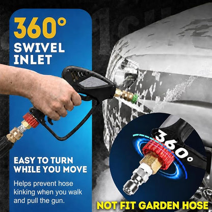 TOOLCY Pro Short Pressure Washer Gun 5000 PSI with 360° Swivel,3/8" Quick Connect Inlet, Power Washer Gun with 1/4" Quick Connect Outlet, Includes 3/8" QC to M22-14mm Adapter & 5 Nozzle Tips
