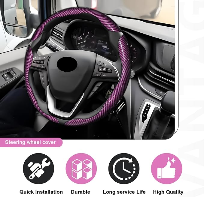 3pcs Universal Carbon Fiber Steering Wheel Cover - Anti-Slip & Segmented Design, Universal 99% Durable Steering Wheel Protector for Men and Women, Car Interior Accessory (Pink)