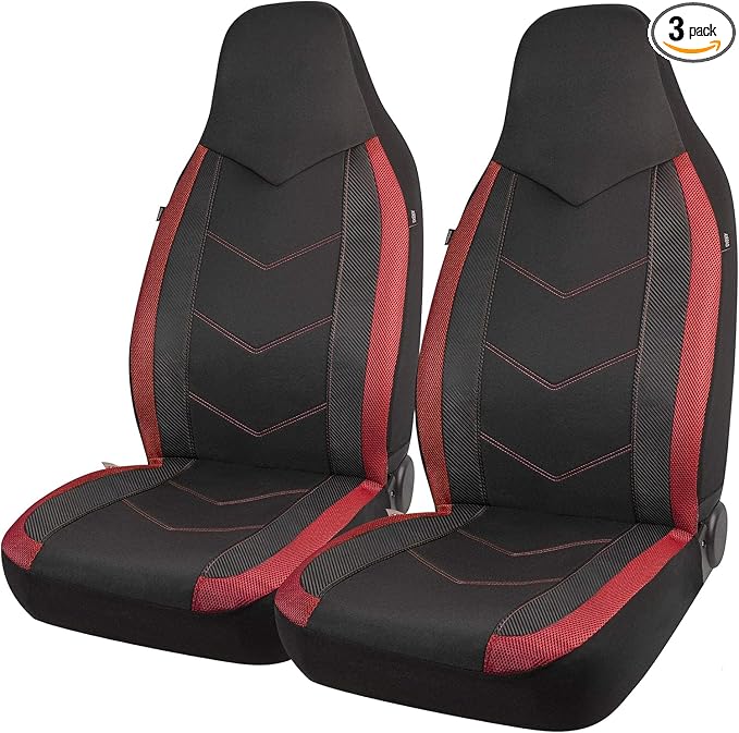 PIC AUTO Car Seat Covers - High Back Front Seat Covers, Sports Carbon Fiber Mesh Design, Universal Fit, Airbag Compatible (Red)