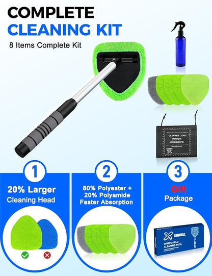 XINDELL Windshield Cleaner Tool – Car Interior Window Cleaning Kit with Extendable Handle & 4 Microfiber Pads, Auto Wiper Inside Windshield Brush for Car & Home Windows
