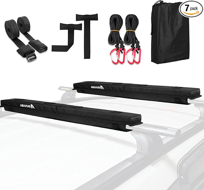 Abahub Soft Roof Rack Pads with 2 Tie Down Straps, 2 Tie Down Ropes, 2 Hood Loops and Storage Bag, for Surfboard, Kayak, Canoe, Heavy Duty Universal Car Roof Racks System Black 30 Inch